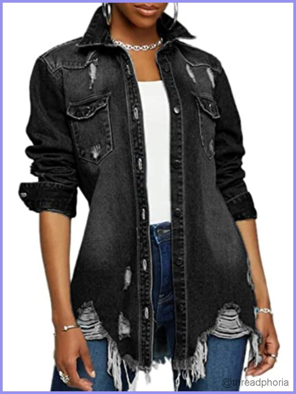Women's Ripped Oversized Denim Jacket Long Sleeve Button Down